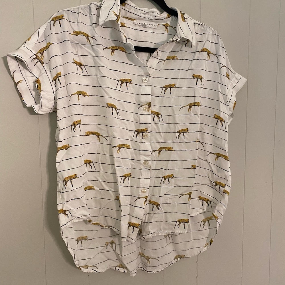 Jane and Delancey White Button-Down Shirt with Mustard Animal Print